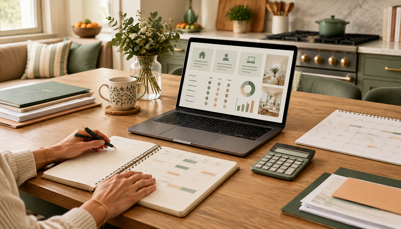 A household planner, laptop, calendar, and calculator on a kitchen table