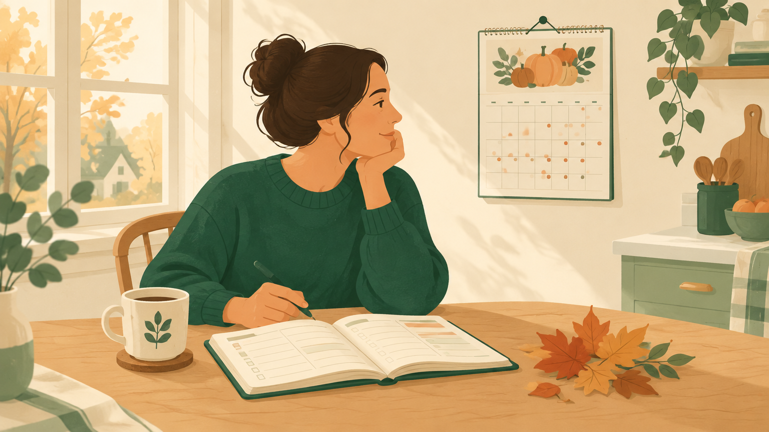 A parent planning the fall and holiday season at a cozy kitchen table